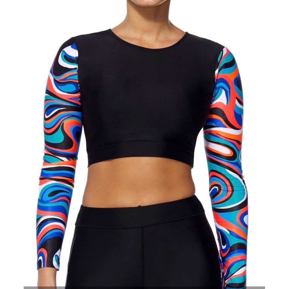 Reebok Womens Cropped Long Sleeve Rashguard Black Swirl Print Swim Top Size L‎